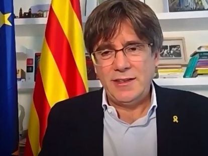 El presidente de JxCat y expresidente de la Generalitat, Carles Puigdemont, interviene en el acto de clausura del congreso fundacional del partido.
JXCAT
04/10/2020