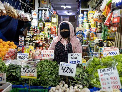 Una vendedora de frutas y verduras en la Vega Central, el mercado más popular de Santiago, Chile.