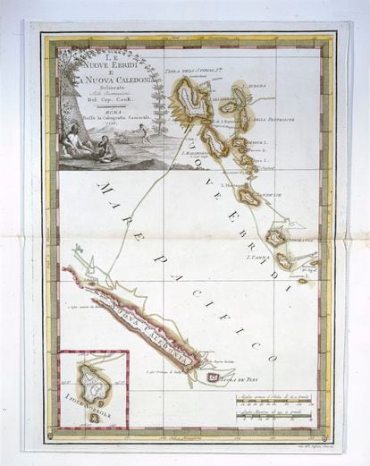 Nueva Caledonia y las Nuevas Hébridas en un mapa compuesto según las instrucciones del Capitán Cook.