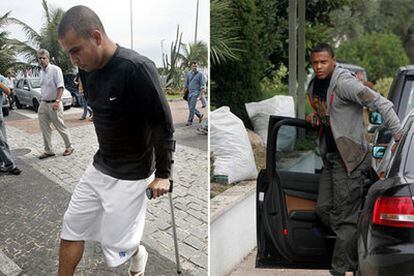 Ronaldo, con muletas al llegar a Río de janeiro, y a la izquierda, Baptista al llegar a un hospital madrileño para someterse a una resonancia magnética que confirmó su lesión por cinco semanas.