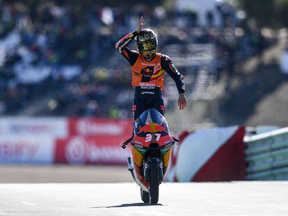 Pedro Acosta celebra haciendo el gesto del tiburón el título de campeón del mundo de Moto3.