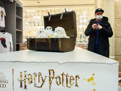 A customer observes a stuffed animal of Hedwig, Harry Potter's owl.