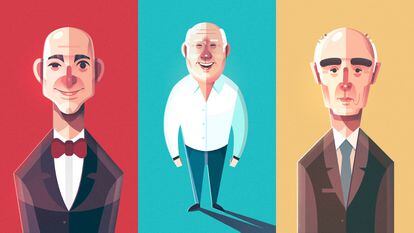 Ilustraciones de Jeff Bezos, Amancio Ortega y Rafael del Pino.