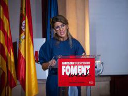 La ministra de Trabajo, Yolanda Díaz, interviene durante la apertura del Foro empresarial 'Mirando a Europa'.