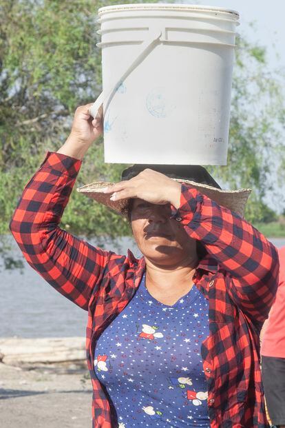 María Liz Paya acarrea varios baldes de agua desde el río hasta su casa. Debe potabilizar con químicos caros gran parte del vital líquido para cocinar y que ella y su familia puedan beber.