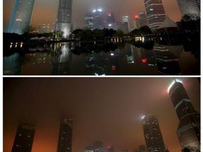 Una fotografía muestra la combinación del distrito financiero de Pudong antes (arriba) y durante la Hora del Planeta en Shanghai, China, 19 de marzo de 2016.