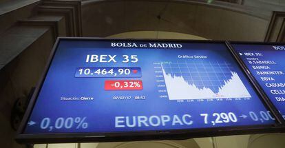 Pantalla con la actividad del Ibex 35 en la sede de la Bolsa de Madrid.