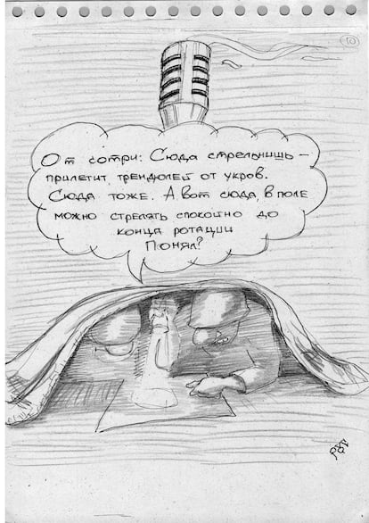 Ve, aquí. Disparad aquí. Volará desde nuestras posiciones. Aquí también. Pero aquí, en el campo, disparad con calma hasta el final de la rotación. ¿Entendido?