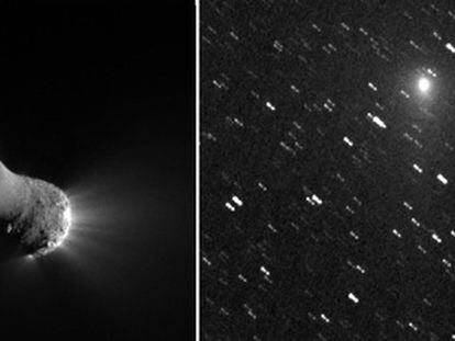 El núcleo del cometa 103P/Hartley 2, de unos dos kilómetros longitud, captado por la sonda <i>Deep Impact</i> desde 700 kilómetros de distancia el pasado 4 de noviembre. A la derecha, el cometa visto el 6 de noviembre desde 24,2 millones de kilómetros, la distancia que lo separaba de la Tierra.