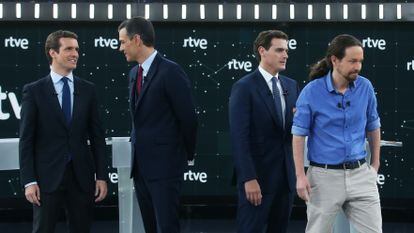 Debate en TVE con Casado, Sánchez, Rivera e Iglesias, en 2019.