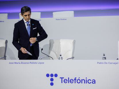 José María Álvarez-Pallete López, en la junta de accionistas de Telefónica, en Madrid, este viernes.