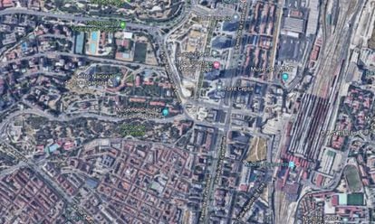 Vista satelital del barrio de La Ventilla, las Cuatro Torres y la Estación de Chamartín, en el norte de la ciudad de Madrid.