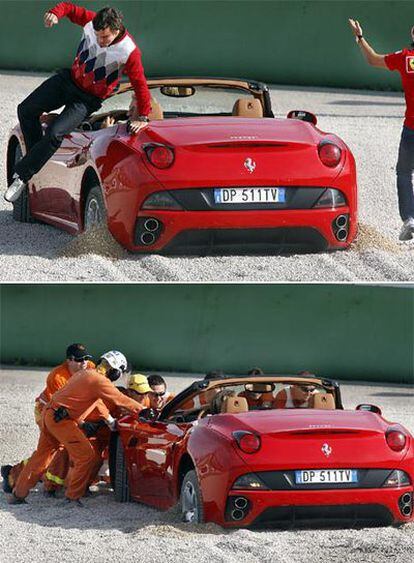 LA PRIMERA SALIDA DE PISTA. Montezemolo, al volante, encalló el Ferrari California en la gravilla cuando Fernando Alonso y Felipe Massa iban en los asientos traseros. Luego, los pilotos y los mecánicos tuvieron que empujarlo para devolverlo a la pista del circuito de Cheste.