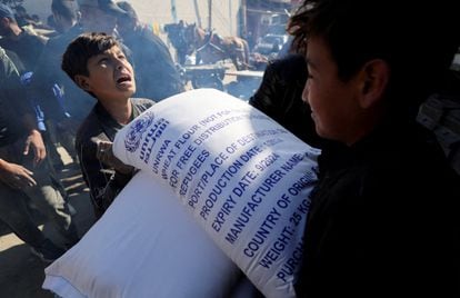 Un joven recibe sacos de harina distribuidos por la agencia de la ONU para los refugiados palestinos, en Rafah, el 1 de febrero.