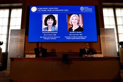 Anuncio de la concesión a Emmanuelle Charpentier y Jennifer Doudna del Nobel de Química 2020.