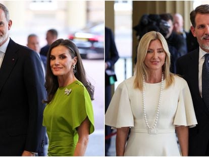 De izquierda a derecha, los reyes Felipe y Letizia y Marie-Chantal y Pablo de Grecia, este viernes en la recepción en Buckingham por la coronación de Carlos III.