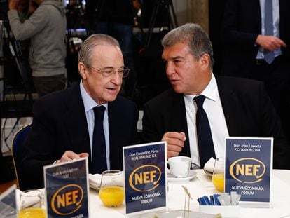 Florentino Pérez, presidente del Real Madrid, y Joan Laporta, presidente del FC Barcelona, impulsores de la Superliga.