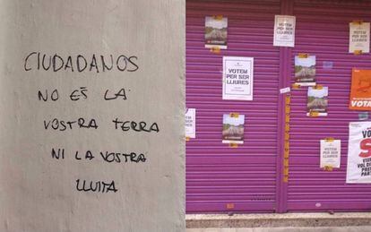 Pintadas y carteles, colocados por los independentistas en el negocio de los padres de Albert Rivera.