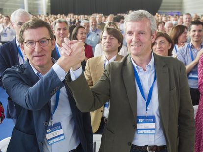 Feijóo y Rueda, este domingo durante el acto de clausura del congreso del PP gallego en Pontevedra.