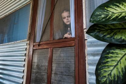 Henrique Loewen's daughter looks out the door of her house in San Miguel Gruenwald — a colony of 23 families of farmers and ranchers, without running water, sewage or electricity —, intrigued by the presence of the photographer.