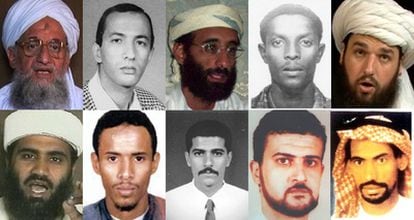 De izquierda a derecha y de arriba abajo: Ayman al Zawahri, Saif al Adel, Anwar al Aulaqi, Fazul Abdullah Mohamed, Adam Yahiye Gadahn, Suleimán Abu Ghaith, Fahd Mohammed Ahmed Al-Quso, Abdullah Ahmed Abdullah, Nazih Abdoul-Hamed Nabih al Ruqai y Ali Saed Bin Ali el Hoorie