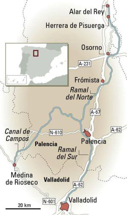Mapa del canal de Castilla.