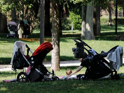 Carritos de bebé en el parque del Turia, en Valencia.