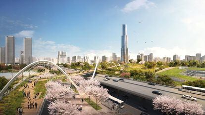 Proyecto del estudio Sasaki para un nuevo distrito urbano en Wuhan, cerca del tren de alta velocidad. |