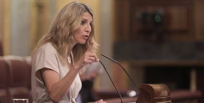 Yolanda Díaz, vicepresidenta tercera y ministra de Trabajo y Economía Social, durante su intervención en el Congreso.