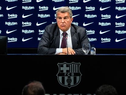 Joan Laporta, presidente del FC Barcelona, durante la rueda de prensa ofrecida este martes.