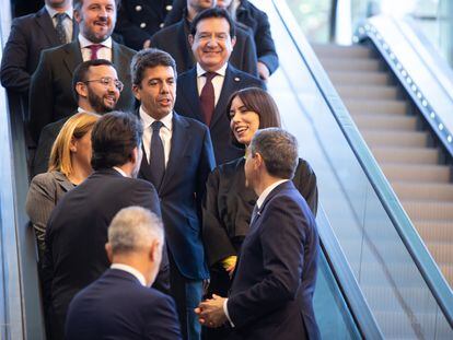 El presidente Carlos Mazón y la ministra Diana Morant, con los responsables de la EUIPO, este viernes