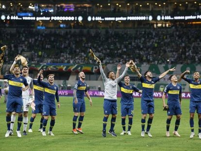 Jugadores de Boca celebran el pase a la final de la Libertadores frente a Palmeiras, en Brasil.