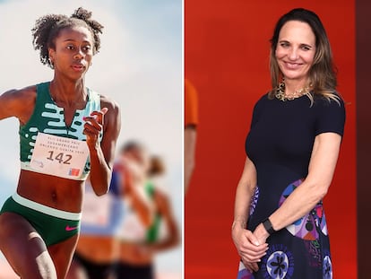 La atleta Berdine Castillo y la vicepresidenta de la Federación Internacional de Atletismo, Ximena Restrepo.