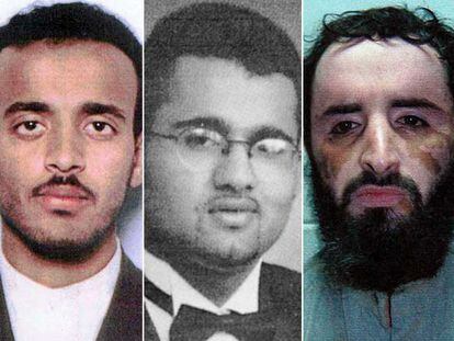 De izquierda a derecha, los detenidos en Guantánamo Ramzi Binalshib, Mayid Jan y Abu Faraj al Libi.