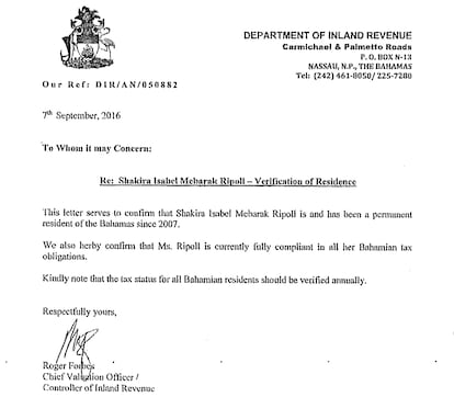 Certificado que aportó Shakira para justificar su residencia en Bahamas.