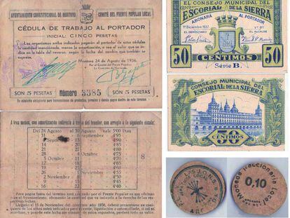 Varios billetes y monedas usados como forma de pago durante la Guerra Civil.