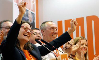 Mónica Oltra, durante su comparecencia tras el escrutinio de las elecciones valencianas.