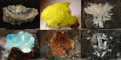 Seis minerales antropogénicos: En el sentido del reloj y empezando arriba a la izquierda, abhurita, andersonita, metamunirita, simonkolleita, nealita y fiedlerita.