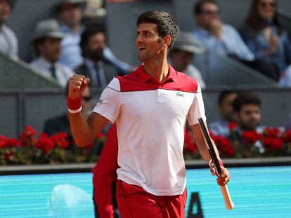Djokovic celebra la victoria ante Nishikori.