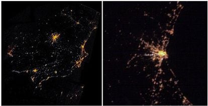 La península Ibérica vista recientemente por el Image Science and Analysis Laboratory de la NASA-Johnson Space Center. A la izquierda aparece ampliada la región de Valencia, la única ciudad cuya luminosidad satura el detector. (Tratamiento de imagen y distorsión por Alejandro Sánchez, de la Universidad Complutense de Madrid).