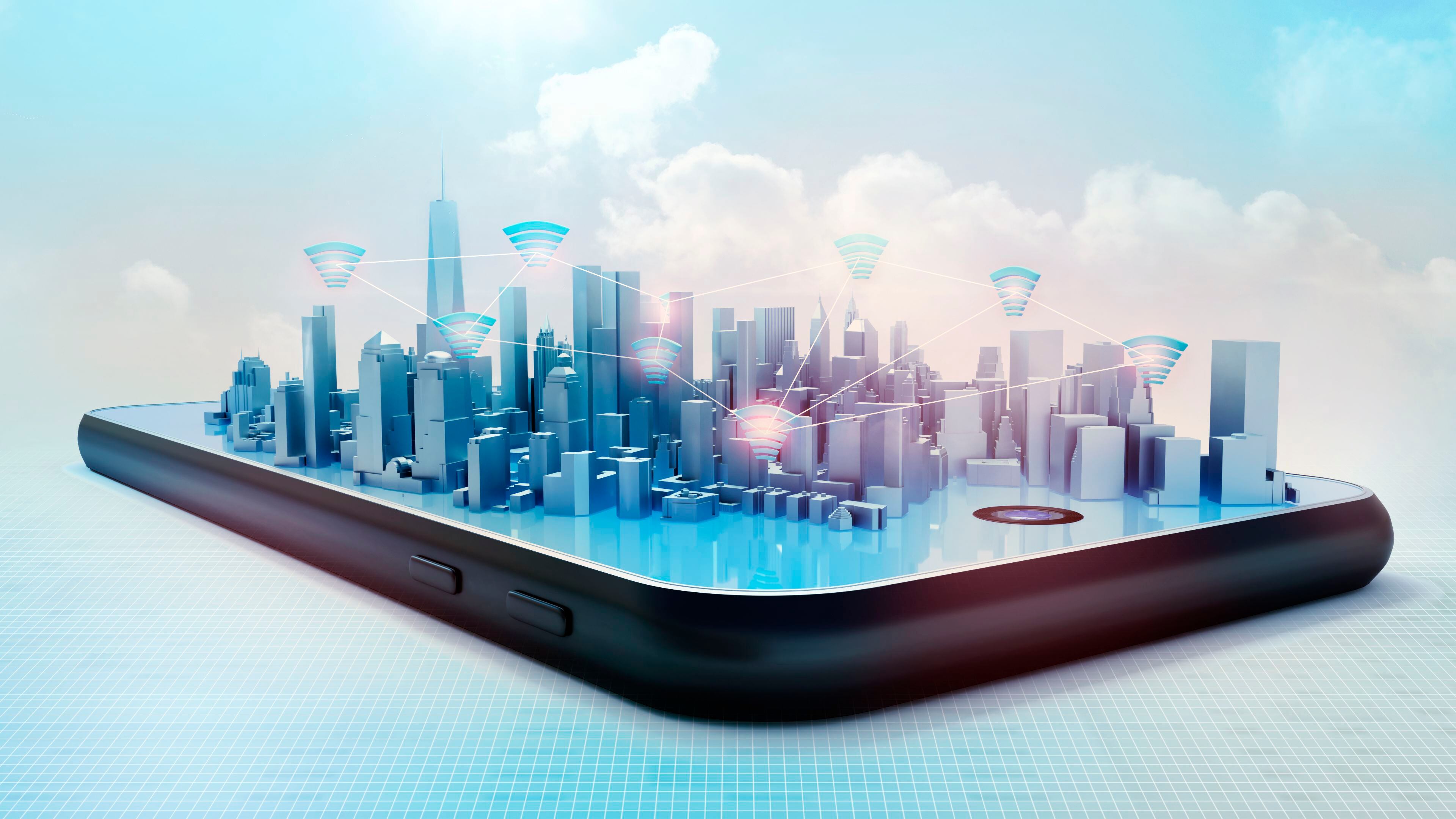 Ilustración holográfica de una ciudad inteligente interconectada representada sobre un móvil. 