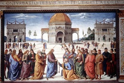 Fragmento del fresco de Perugino y Signorelli, en la Capilla Sixtina.