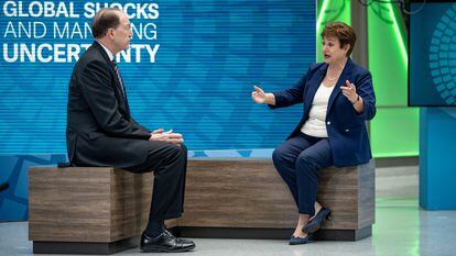 World Bank President David Malpass and IMF Managing Director Kristalina Georgieva during an event in Washington on Tuesday.