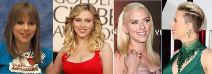 La intérprete siempre ha sorprendido con sus atrevisdos y arriesgados cambios de estilo, y en ellos siempre han jugado un papel fundamental sus peinados. De izqueirda a derecha: Scarlett Johansson en 2002, 2006, 2007 y 2015.