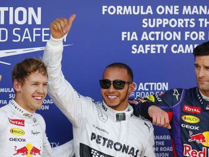 Hamilton celerba la 'pole', junto a Vettel y Webber