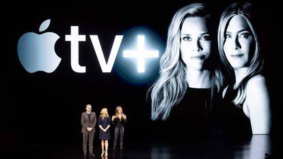 Steve Carell, Reese Witherspoon y Jennifer Aniston, en la presentación de AppleTV+.