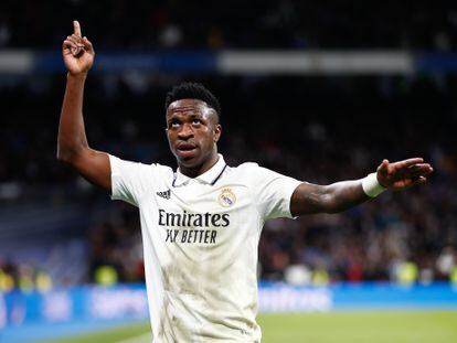 Vinicius Junior of Real Madrid celebrates a goal during the spanish cup, Copa del Rey, Quarter Finals football match played between Real Madrid and Atletico de Madrid on January 26, 2023, in Madrid, Spain.
AFP7 
27/01/2023 ONLY FOR USE IN SPAIN