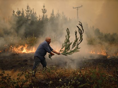 Bomberos y habitantes trabajan en apagar un incendio en Santa Juana (Chile).