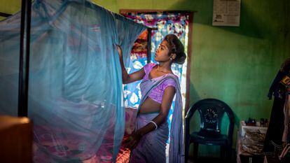 Una mujer coloca una mosquitera en su casa en Assam, India.
