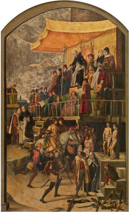 “Auto de fe”, presidido por Santo Domingo de Guzmán Pedro Berruguete, óleo sobre tabla, 154 x 92 cm de alto. 1491-99 Madrid, Museo Nacional del Prado, P-618.